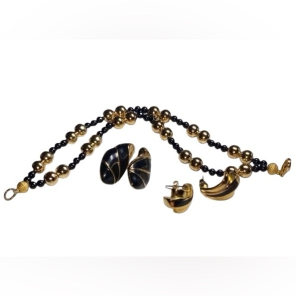 Estate Vintage earrings (3 pair) & bracelet. Black & Gold
